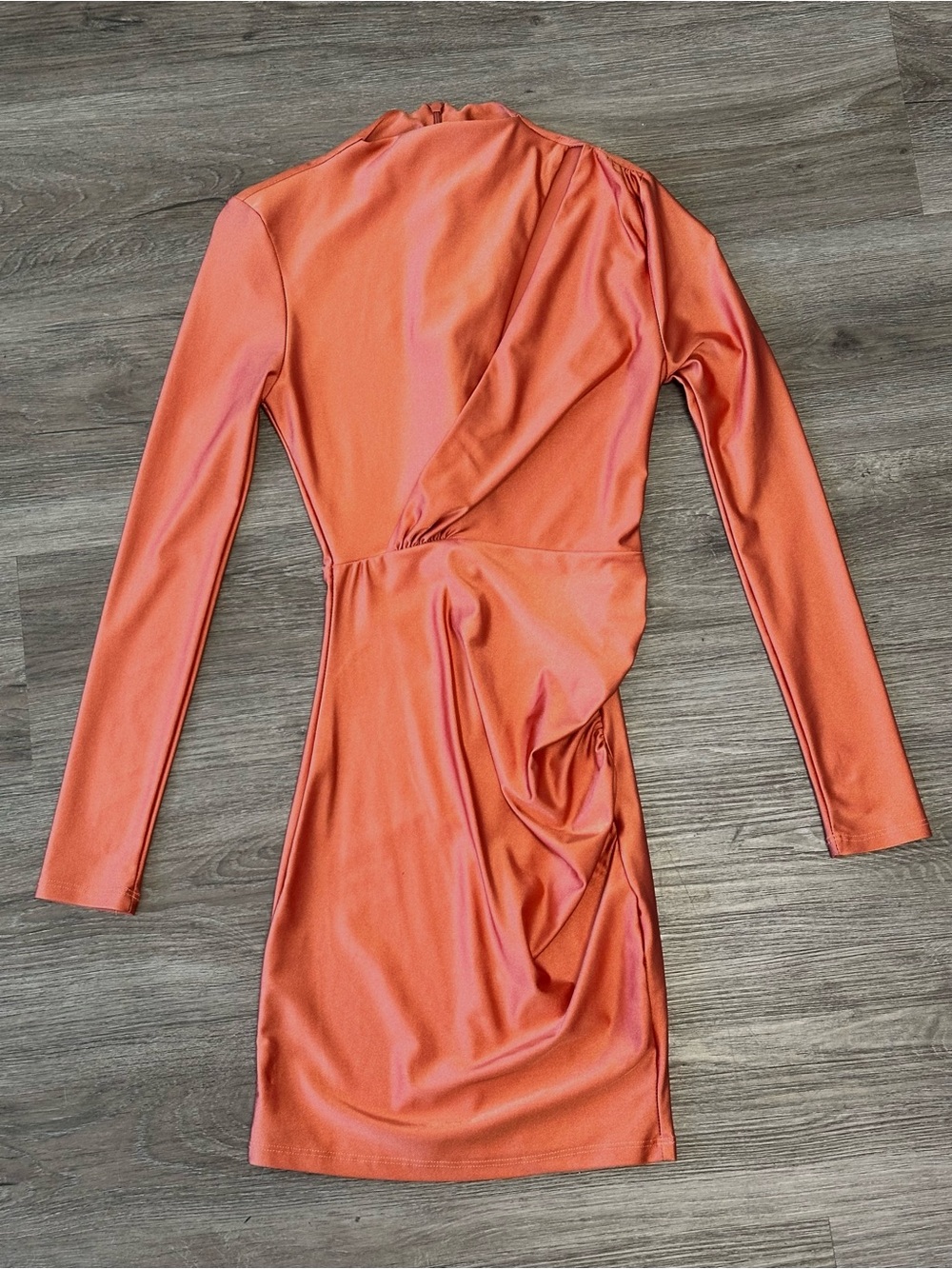 Long Sleeve Orange Satin Ruched Mini Dress